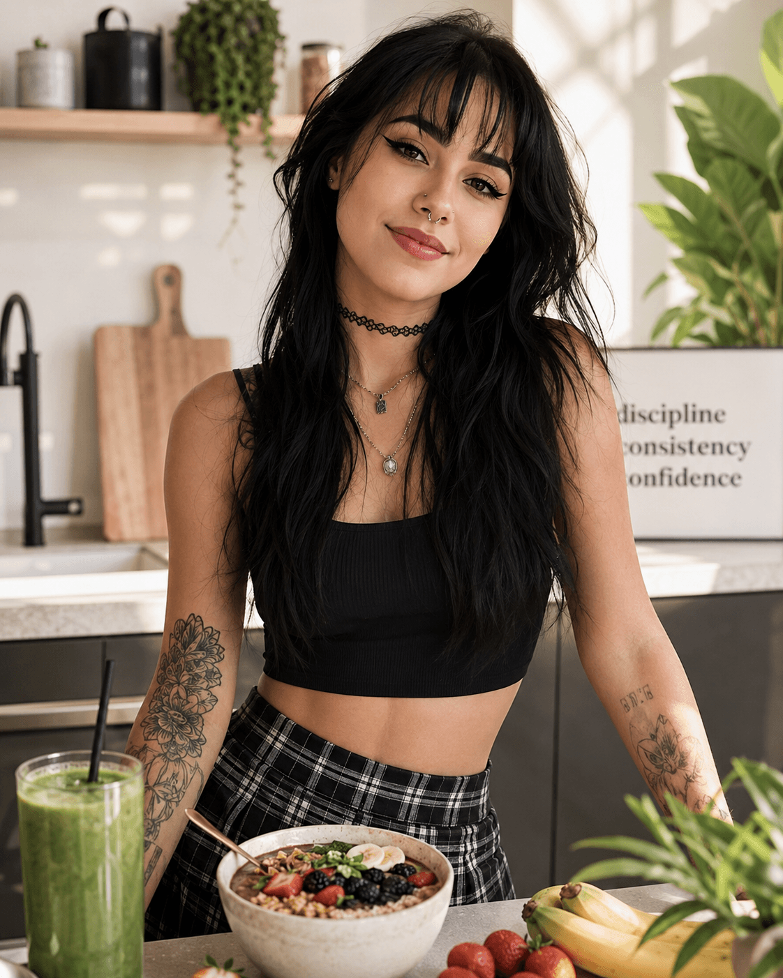 Jovem sorridente com estilo moderno em cozinha iluminada, com tigela de açaí, smoothie verde e frutas frescas à frente